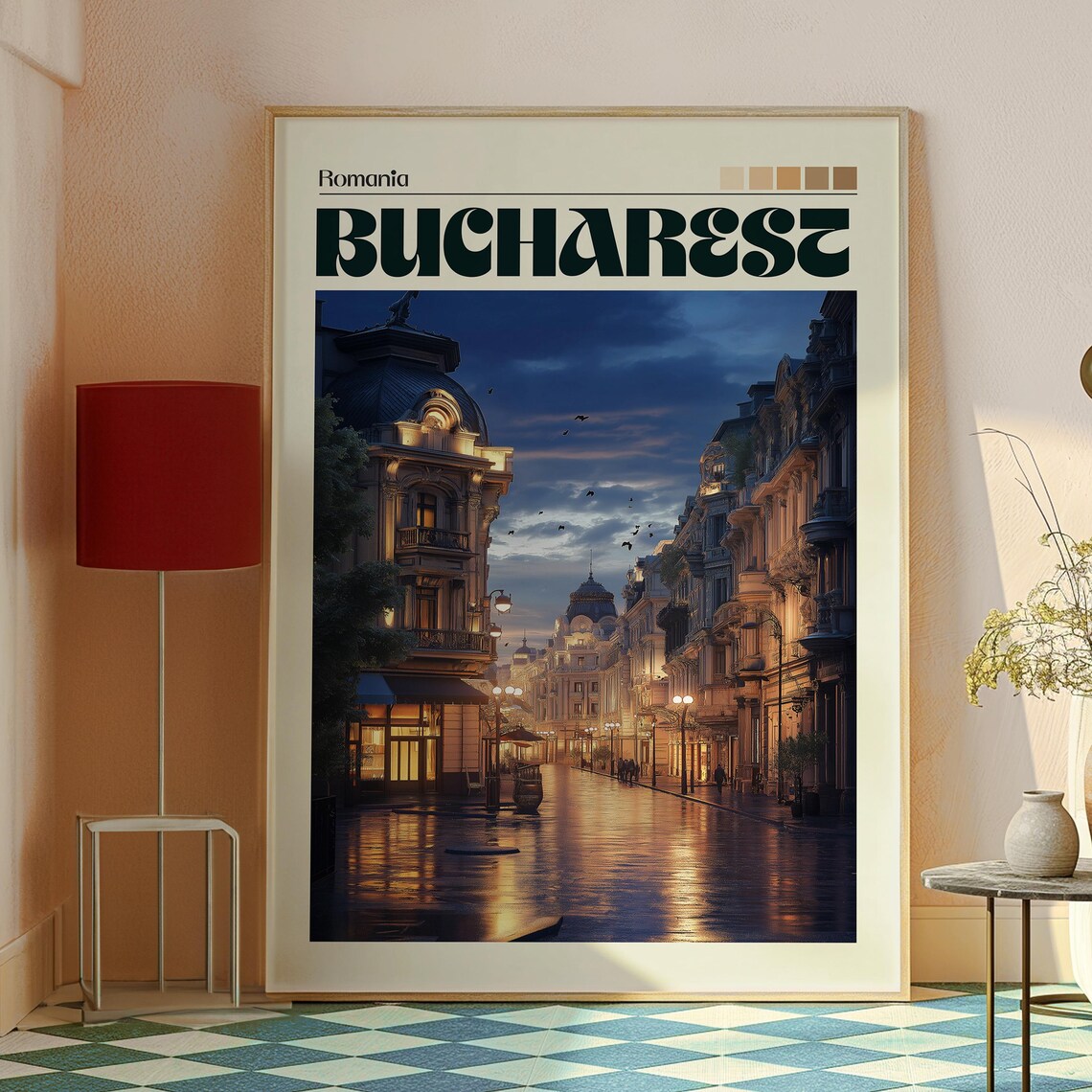 Bucharest Romania Rainy Night Old Town Street Lamps Vintage Poster - Image 2