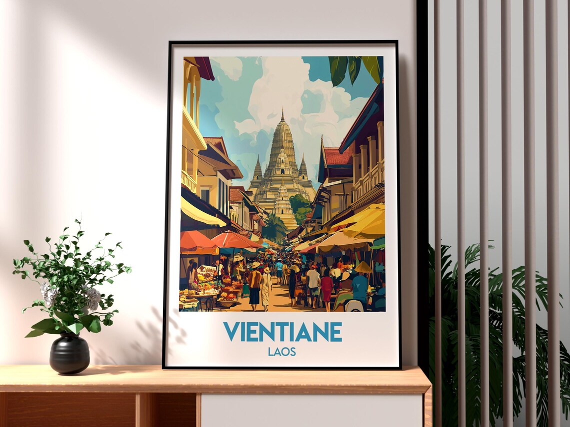 Vientiane Laos Golden Temple Street Market Scene Travel Poster