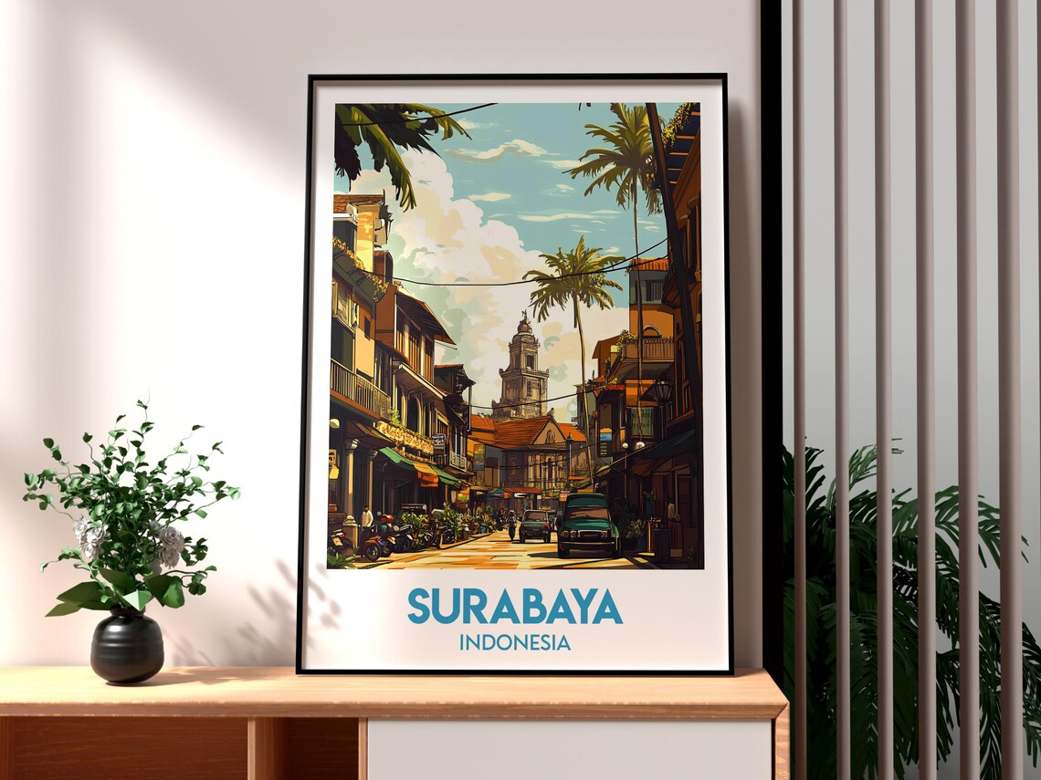 Surabaya Indonesia Old Town Street Colonial Church Travel Poster