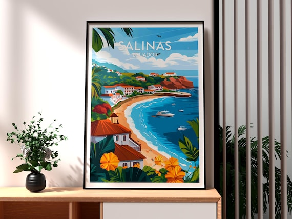 Salinas Ecuador Tropical Beach Bay Boats Cliffs Vintage Travel Poster
