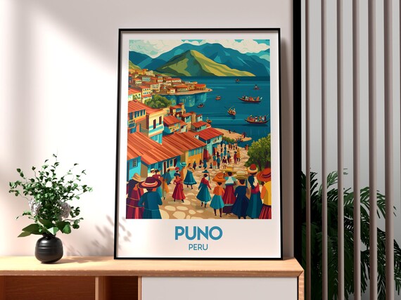 Puno Peru Lake Titicaca Boats Festival Crowd Shore Travel Poster