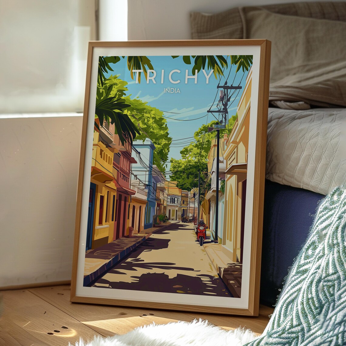 Trichy India Sunlit Colonial Street Green Trees Travel Poster - Image 3