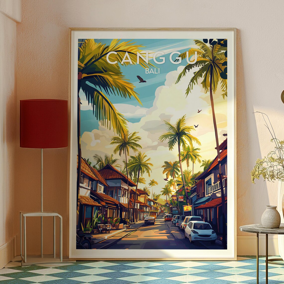 Canggu Bali Indonesia Surf Town Palm Lined Street Retro Travel Poster - Image 2