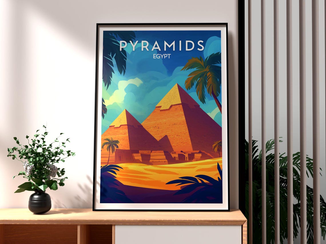 Giza Pyramids Egypt Desert Palm Silhouettes Golden Sky Poster