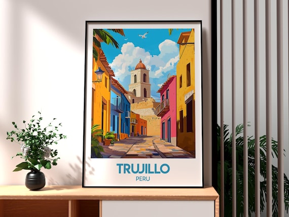 Trujillo Peru Colonial Street Church Bell Tower Travel Poster