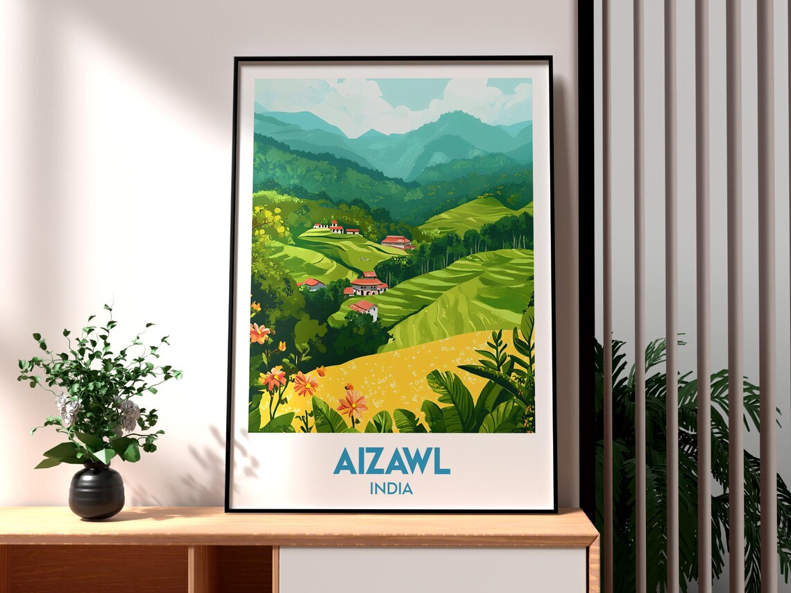 Aizawl India Lush Green Terraced Hills Mountain Travel Poster