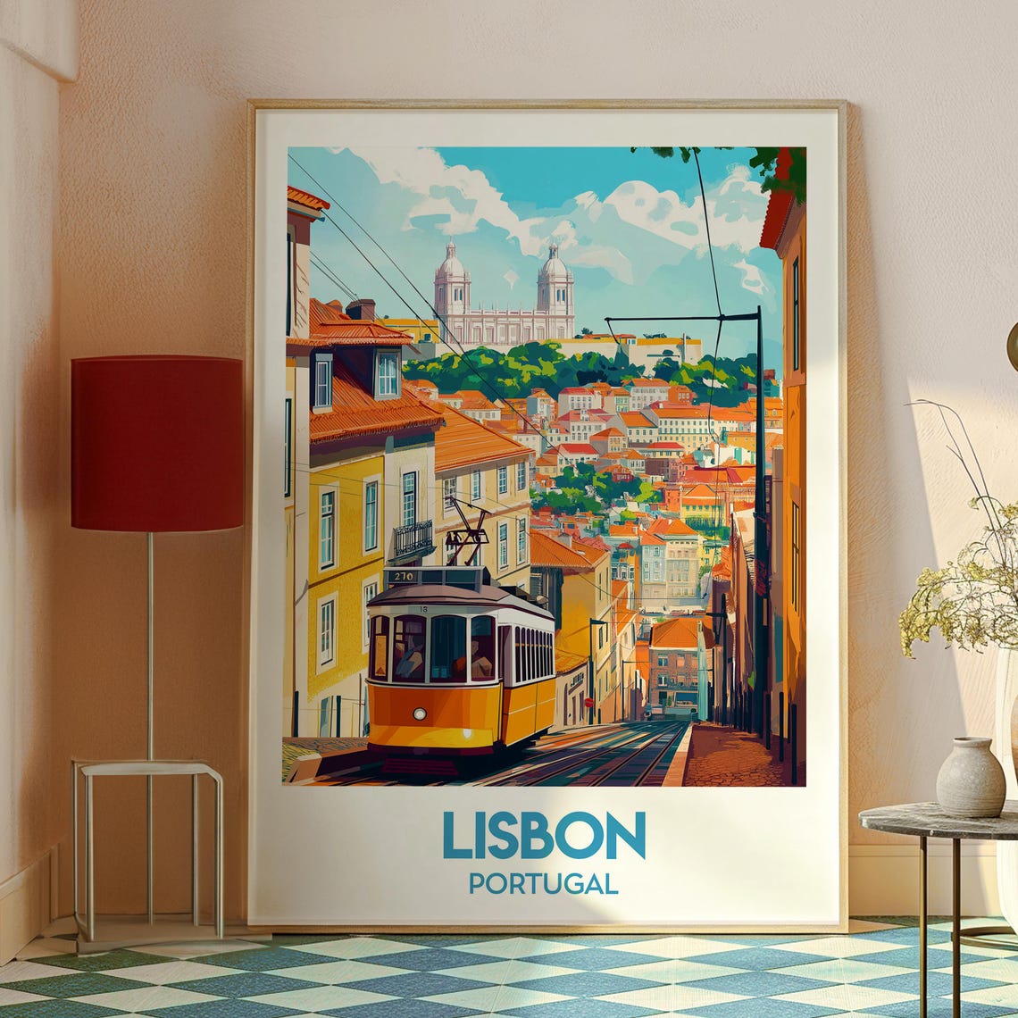 Lisbon Portugal Yellow Tram Hillside Streets and Castle Poster - Image 2
