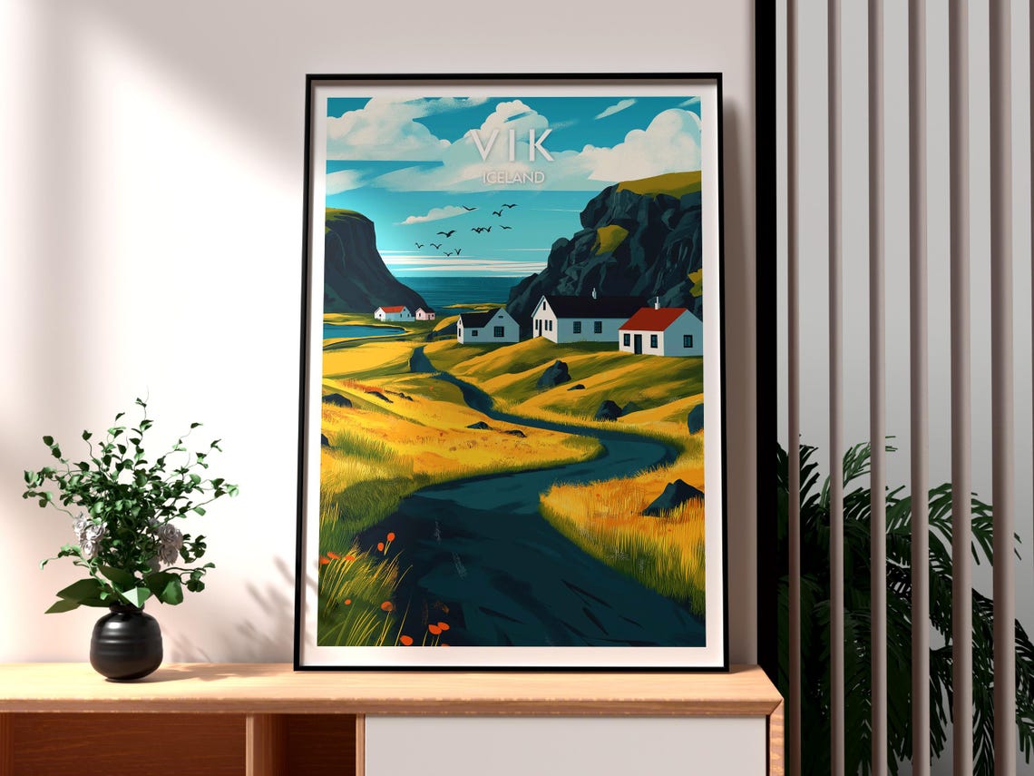 Vik Iceland Coastal Village Cottages Cliffs Ocean View Travel Poster
