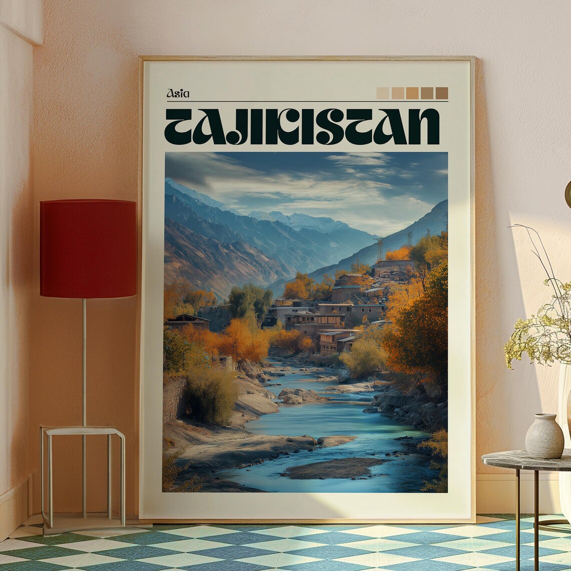 Tajikistan Asia Autumn Mountain River Village Retro Travel Poster - Image 2