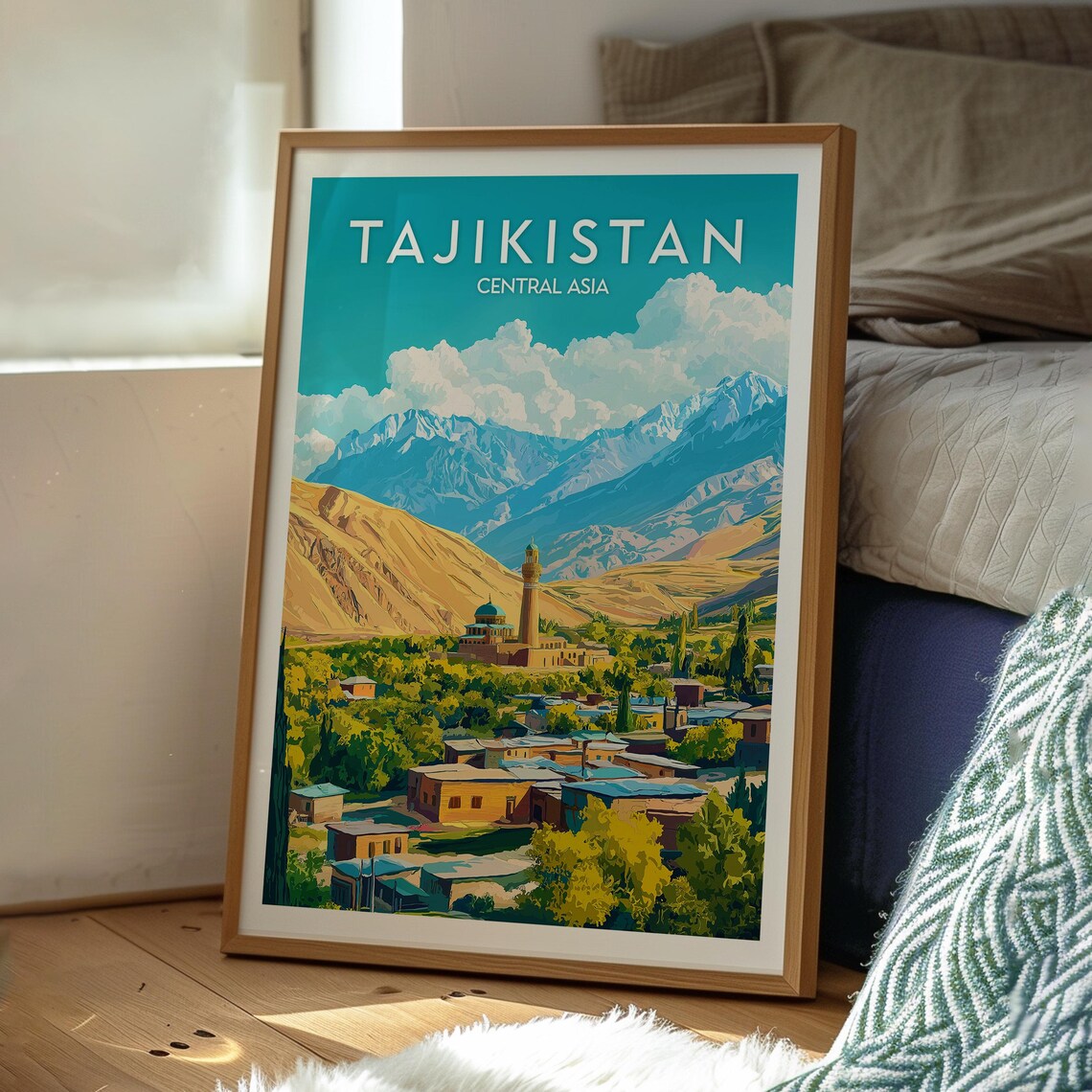 Tajikistan Central Asia Mountain Village Mosque Travel Poster - Image 3