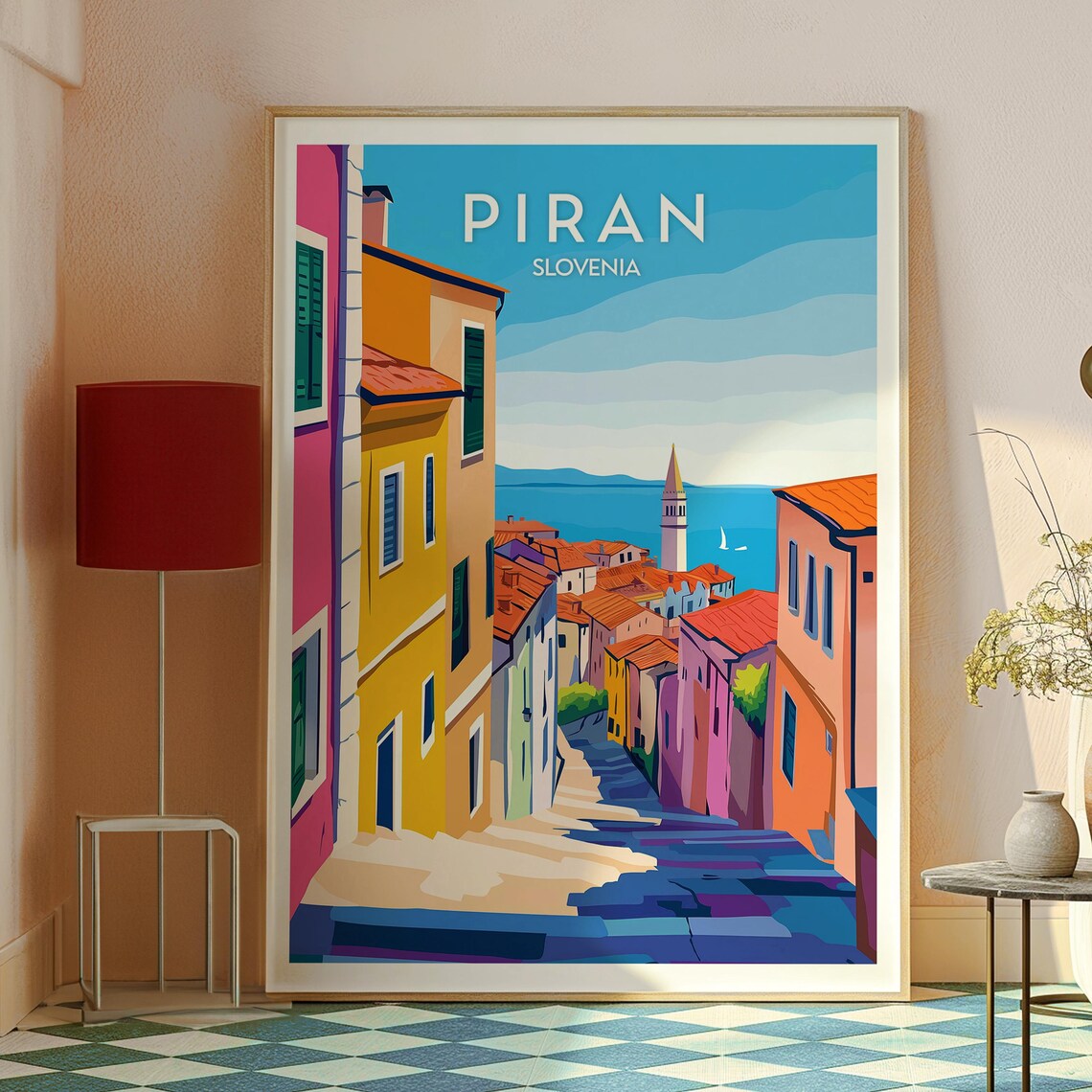 Piran Slovenia Pastel Alley Adriatic Sea Bell Tower View Travel Poster - Image 2
