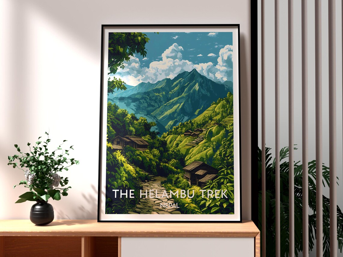 Helambu Trek Nepal Green Valley Village Huts Mountain Travel Poster
