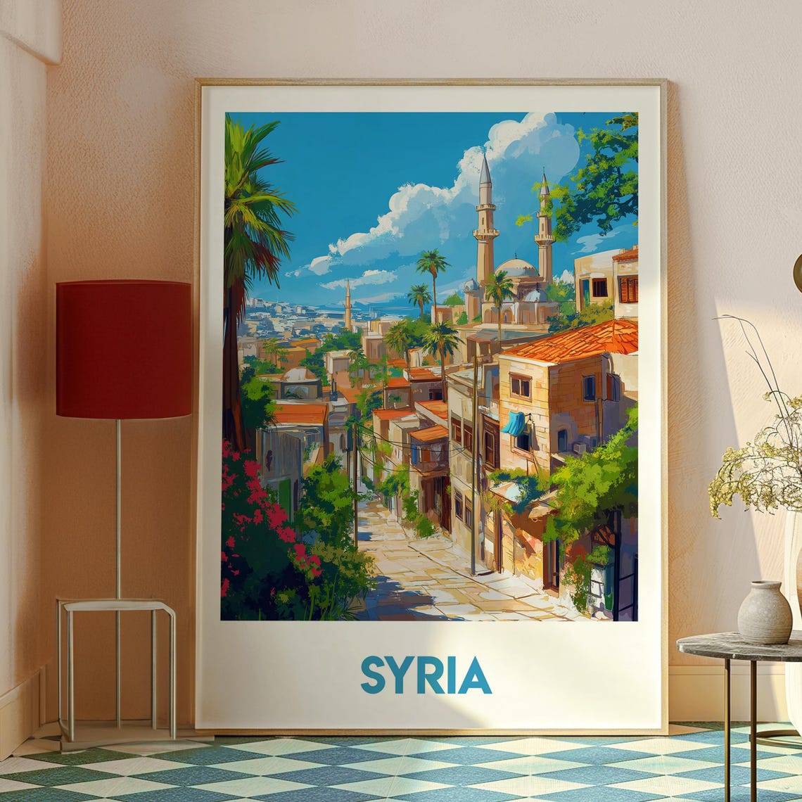 Syria Old Town Street Mosque Minarets Palm Trees Travel Poster - Image 2