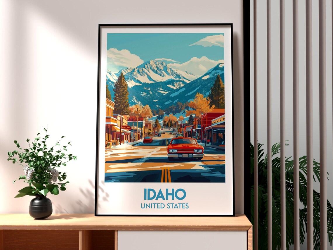 Idaho USA Mountain Town Main Street Red Car Vintage Scene Poster