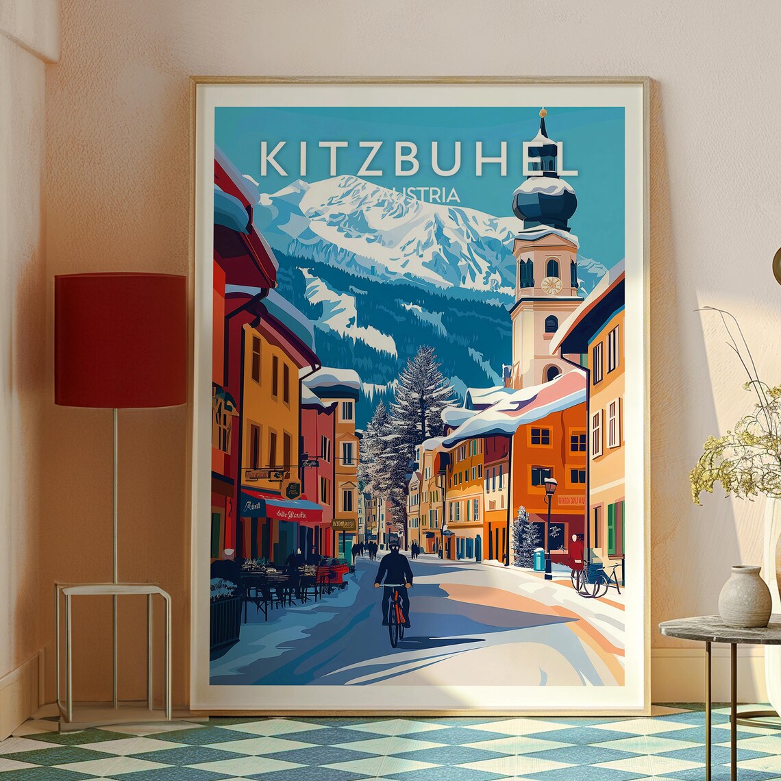 Kitzbuhel Austria Snowy Alpine Street Church Tower Travel Poster - Image 2