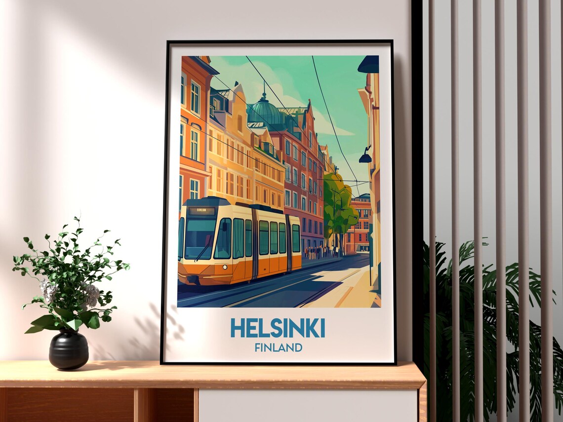 Helsinki Finland Yellow Tram City Street Retro Travel Poster