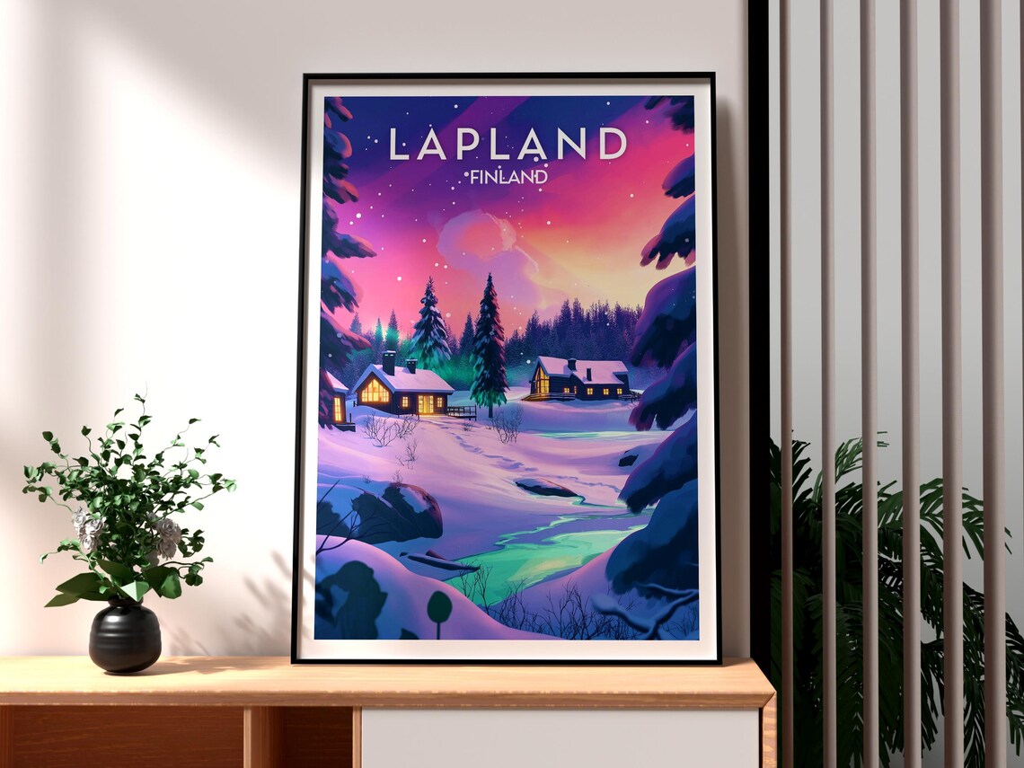 Lapland Finland Snowy Cabins Northern Lights Night Sky Travel Poster