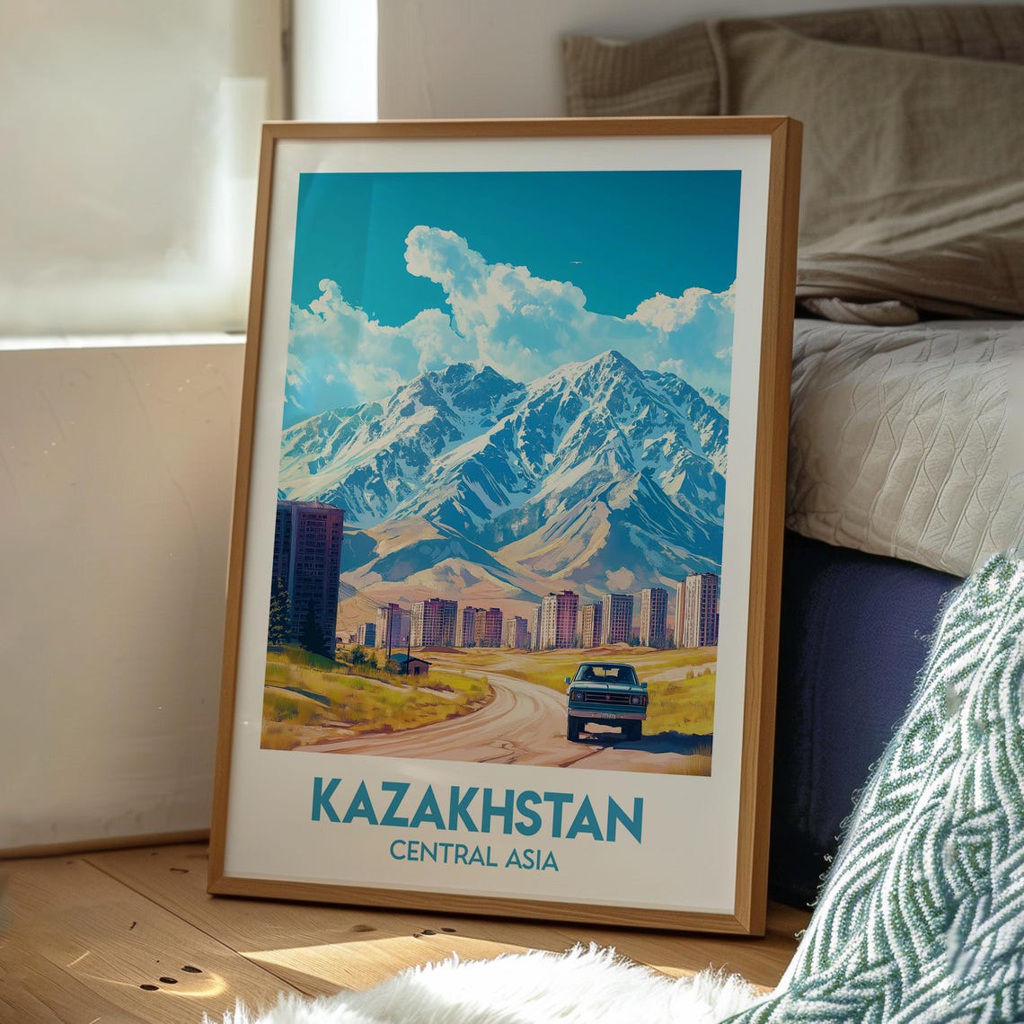 Kazakhstan Central Asia Snowy Peaks Vintage Mountain Road Poster - Image 3