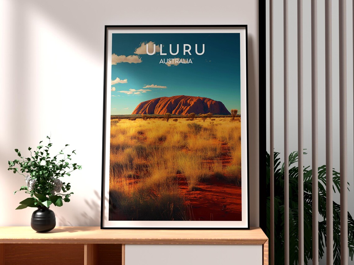 Uluru Australia Red Rock Desert Golden Grassland Scenic Travel Poster