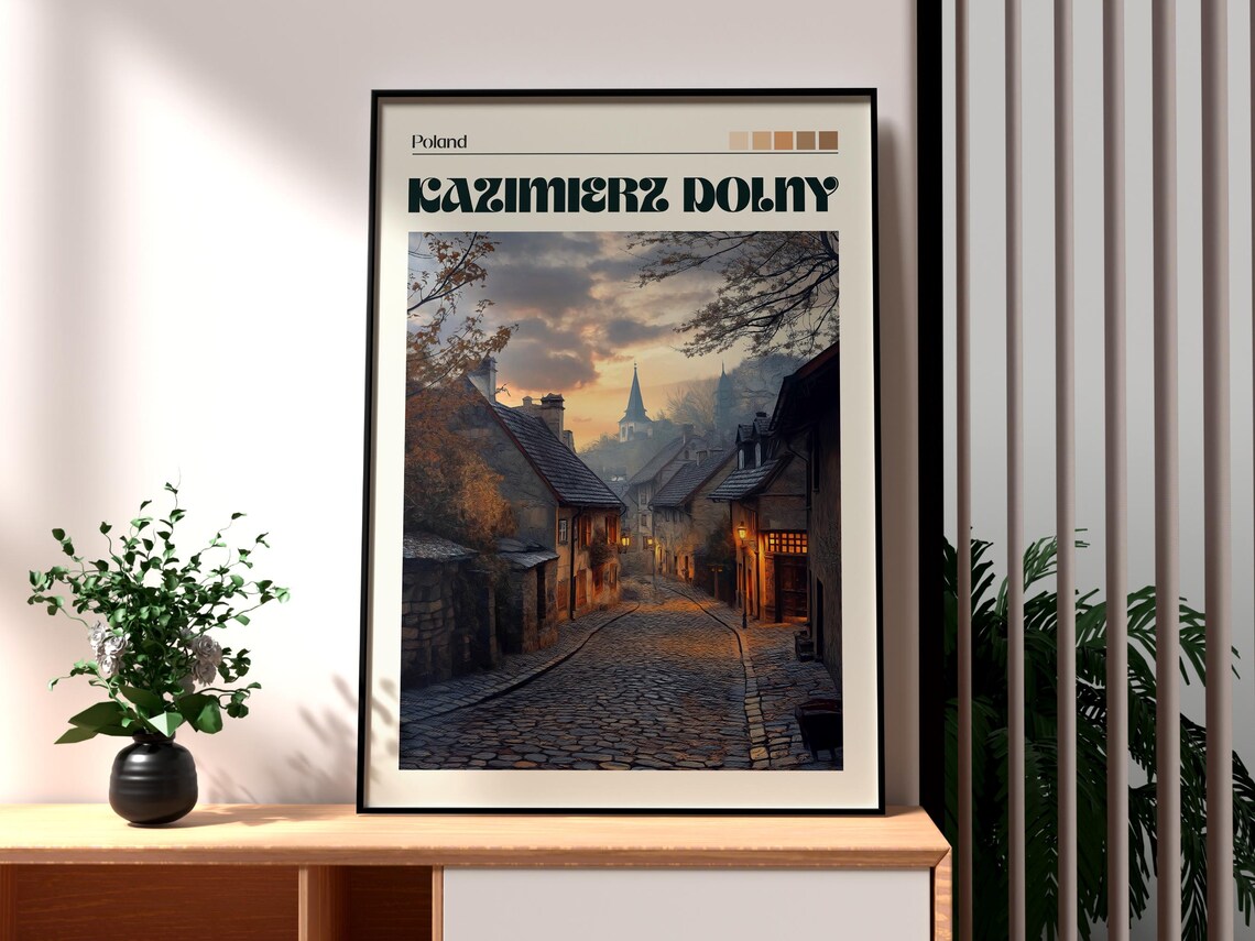 Kazimierz Dolny Poland Cobblestone Street Dusk Vintage Poster