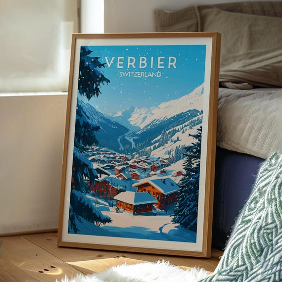 Verbier Poster Swiss Alps Print Wall Art Switzerland Skiing