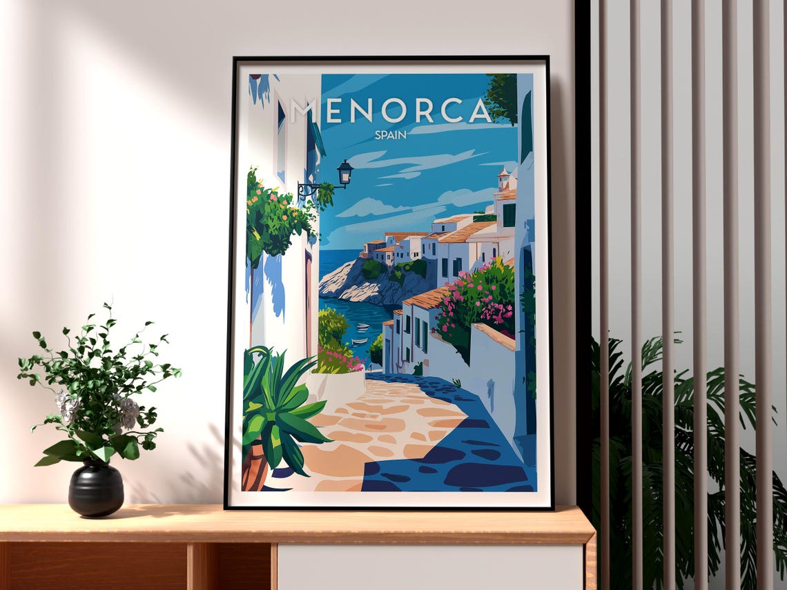 Menorca Spain Whitewashed Village Mediterranean Coastal Travel Poster