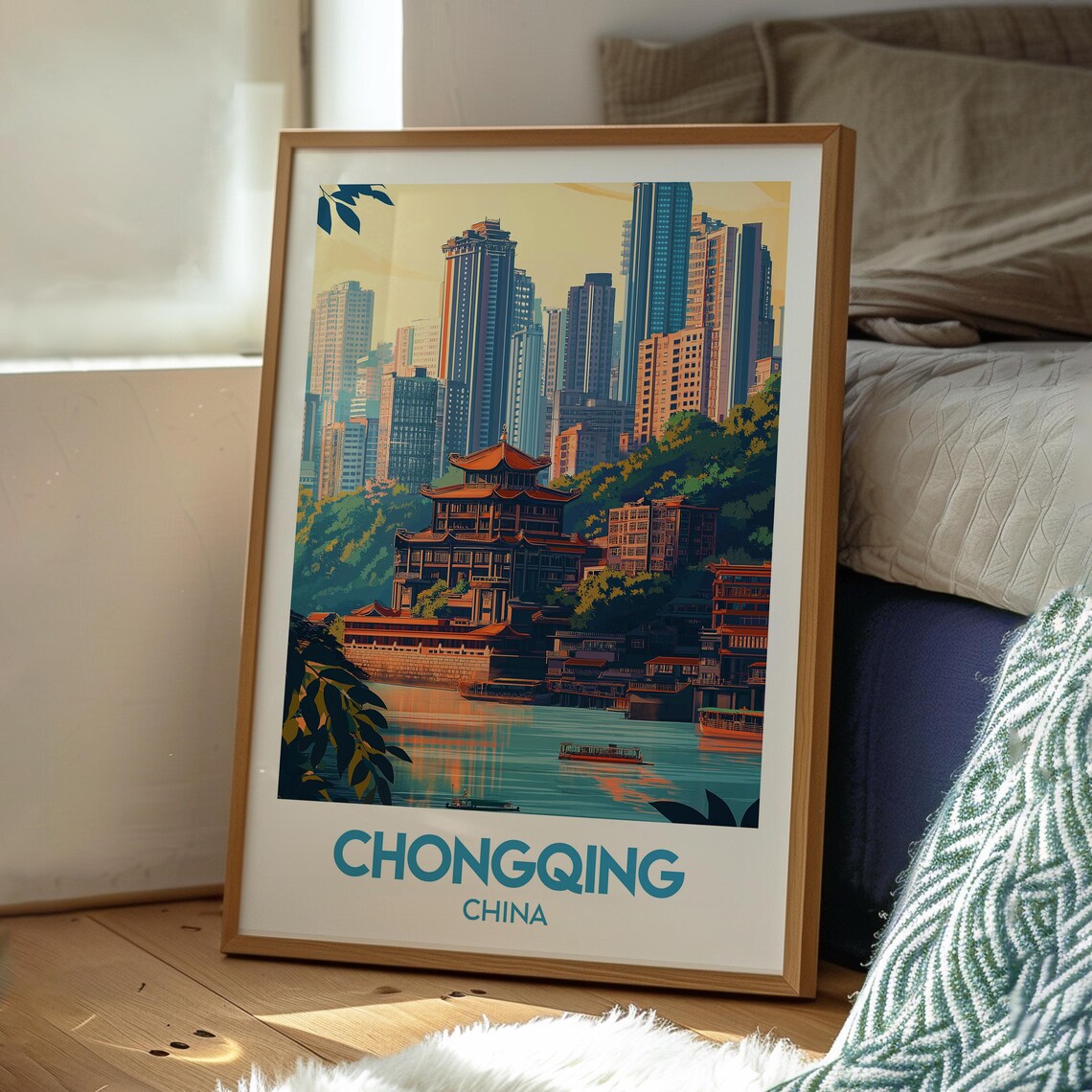 Chongqing China Sunset Skyline Pagoda River View Travel Poster - Image 3