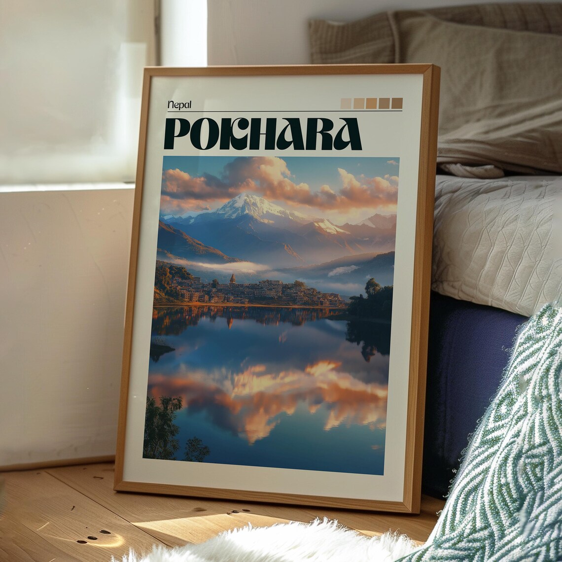 Pokhara Nepal Snowy Himalayan Peak Lake Reflection Travel Poster - Image 3