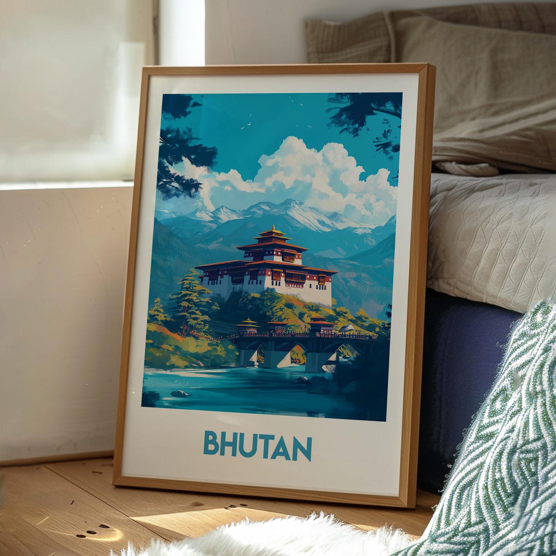 Bhutan Himalayan Mountain Temple Bridge Scenic Travel Poster - Image 3