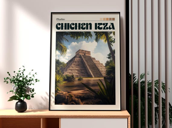 Chichen Itza Print Mexico Wall Art Wonder Of The World Travel Poster Mayan Temple