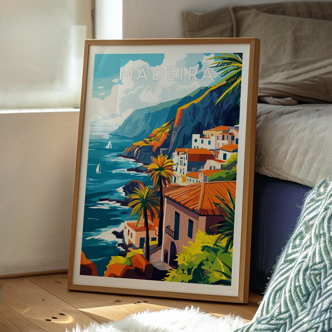 Madeira Portugal Cliff Coast Palm Trees Ocean Village Poster - Image 3