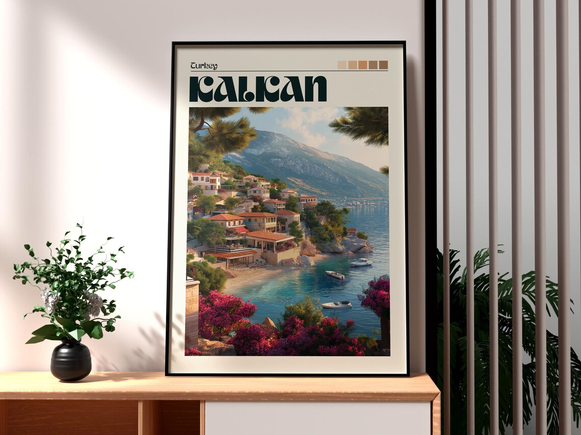Kalkan Turkey Turquoise Bay Coast Town Bougainvillea Travel Poster