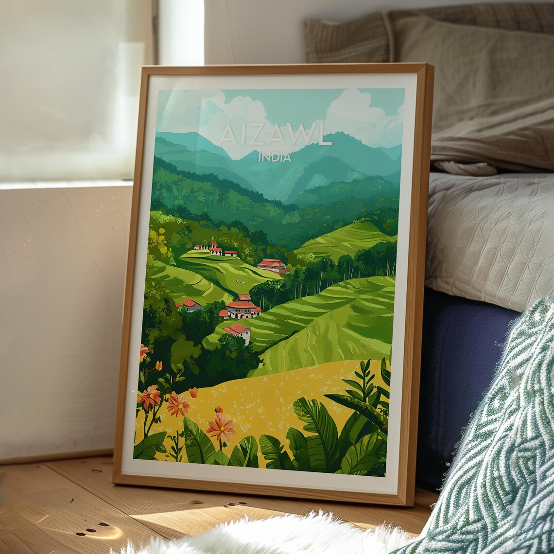 Aizawl India Green Terraced Hills Red Roof Village Travel Poster - Image 3