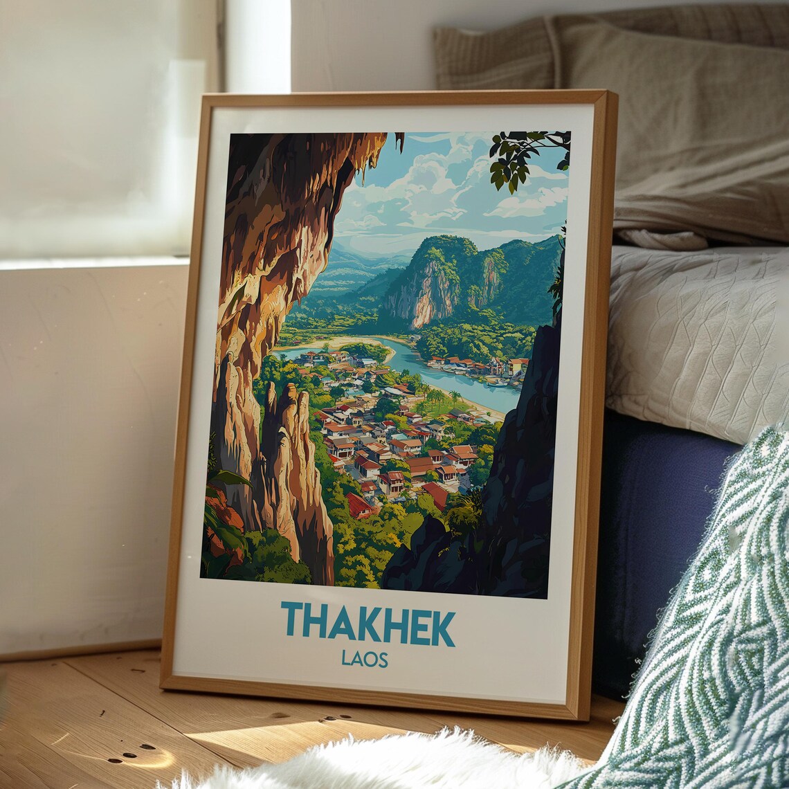 Thakhek Laos Karst Cliff River Town Vista Vintage Travel Poster - Image 3