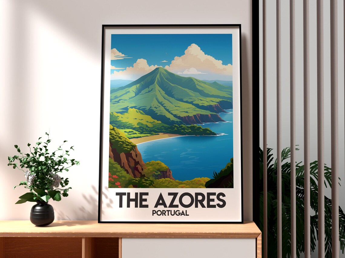 The Azores Portugal Green Island And Bay Vintage Travel Poster