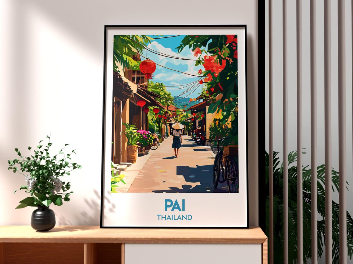 Pai Thailand Vintage Street Lanterns Travel Illustration Poster