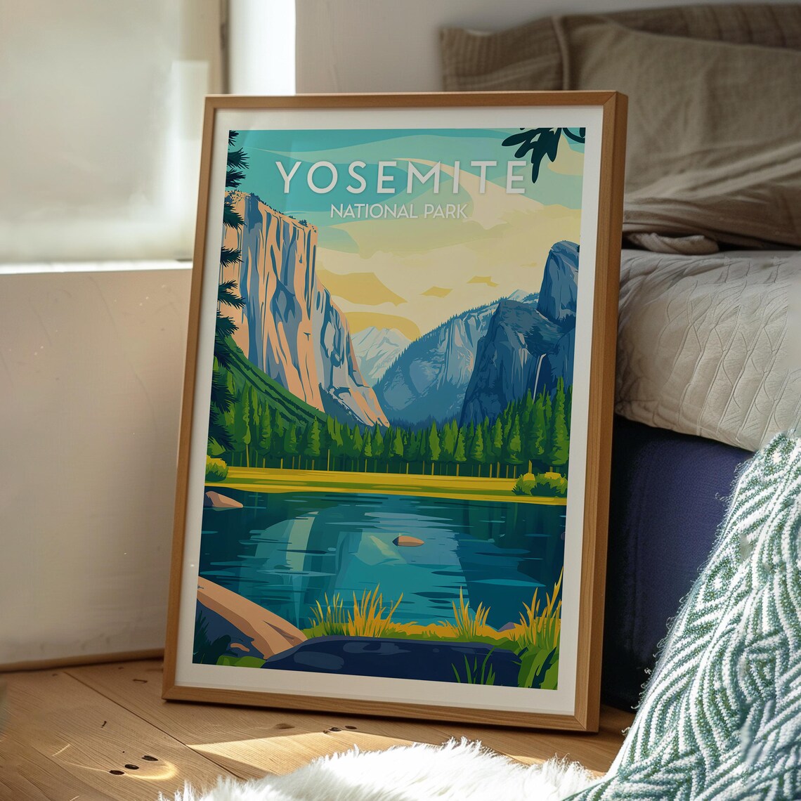 Yosemite National Park Granite Cliffs Valley Sunset Illustrated Poster - Image 3
