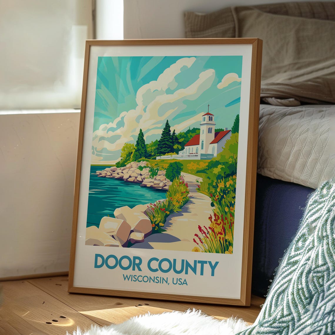 Door County Wisconsin USA Lakeside Chapel Shoreline Travel Poster - Image 3
