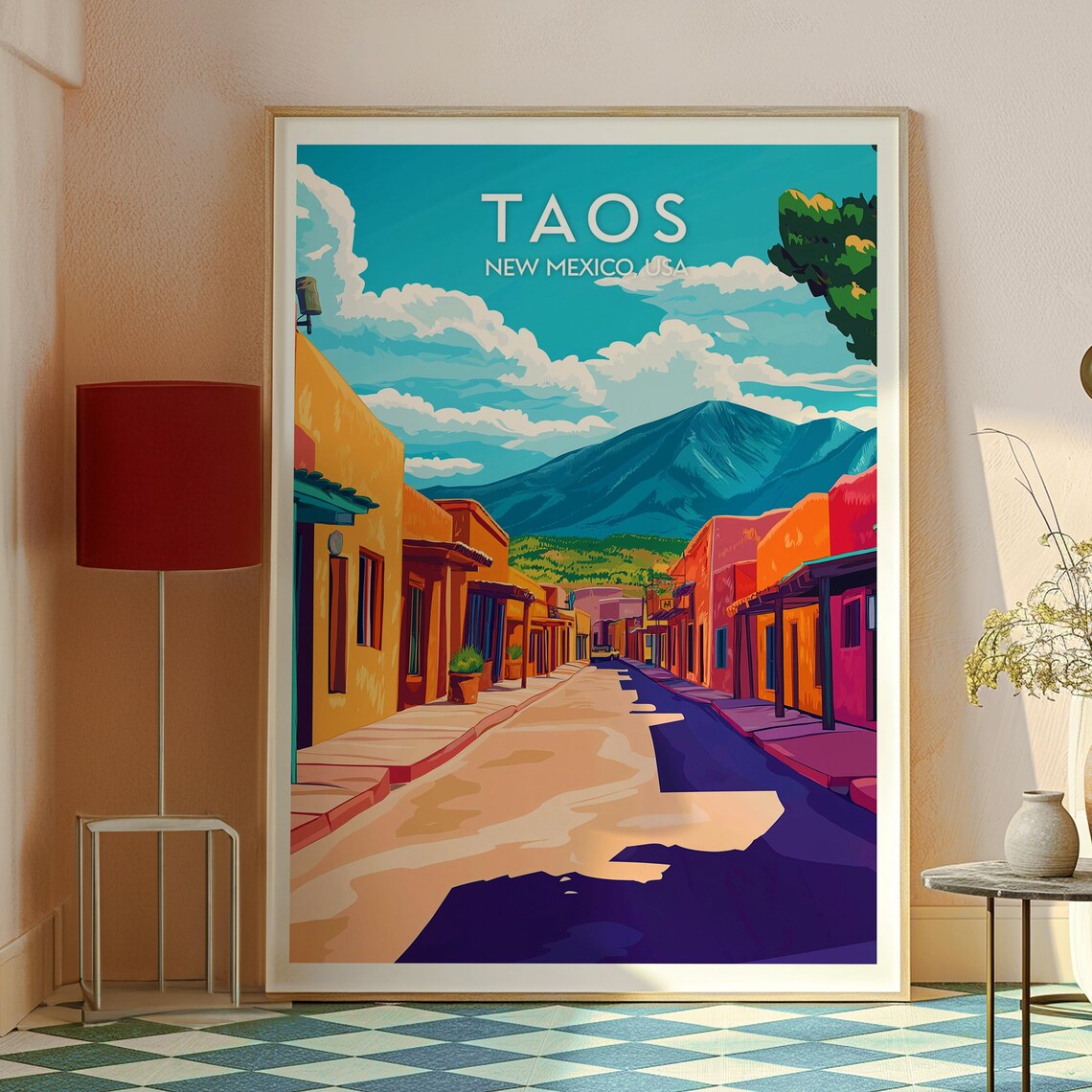 Taos New Mexico USA Adobe Street Desert Mountains Vintage Poster - Image 2