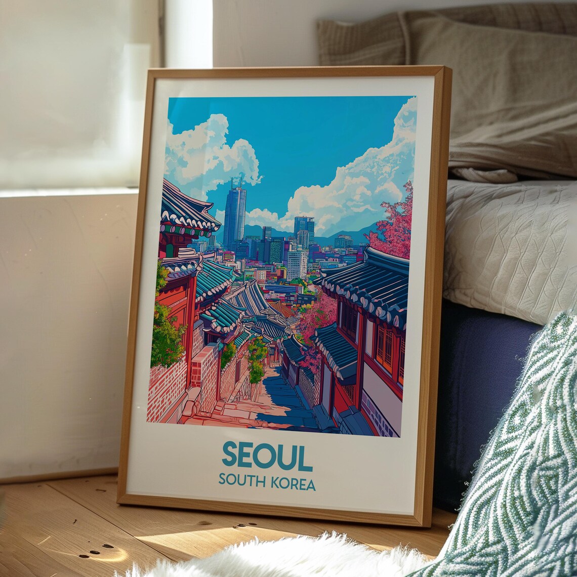 Seoul South Korea Traditional Hanok Street Skyline Travel Poster - Image 3