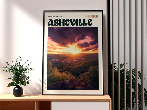 Asheville North Carolina Sunset Mountain View Vintage Travel Poster