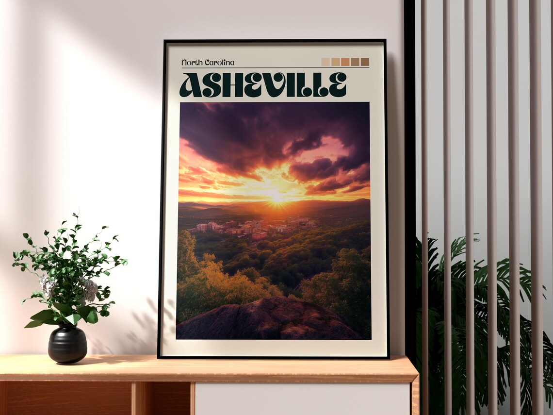 Asheville North Carolina Sunset Mountain View Vintage Travel Poster