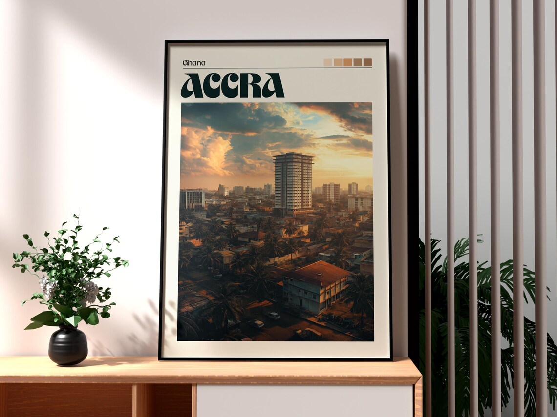 Accra Ghana City Skyline Golden Hour Retro Sunset Travel Poster