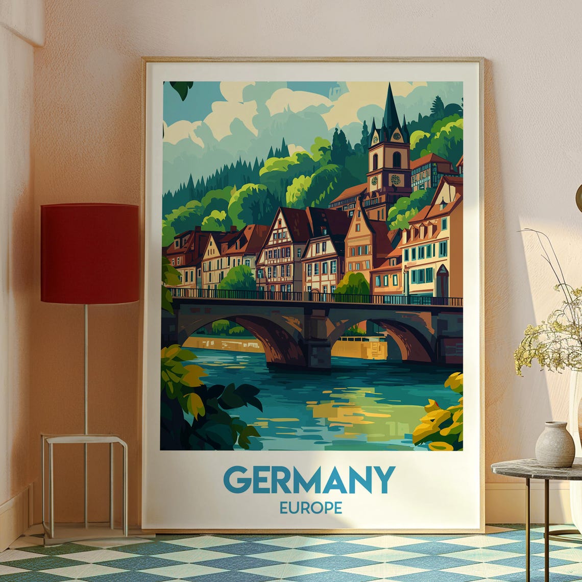 Germany Europe Riverside Half Timbered Town Bridge Vintage Art Poster - Image 2