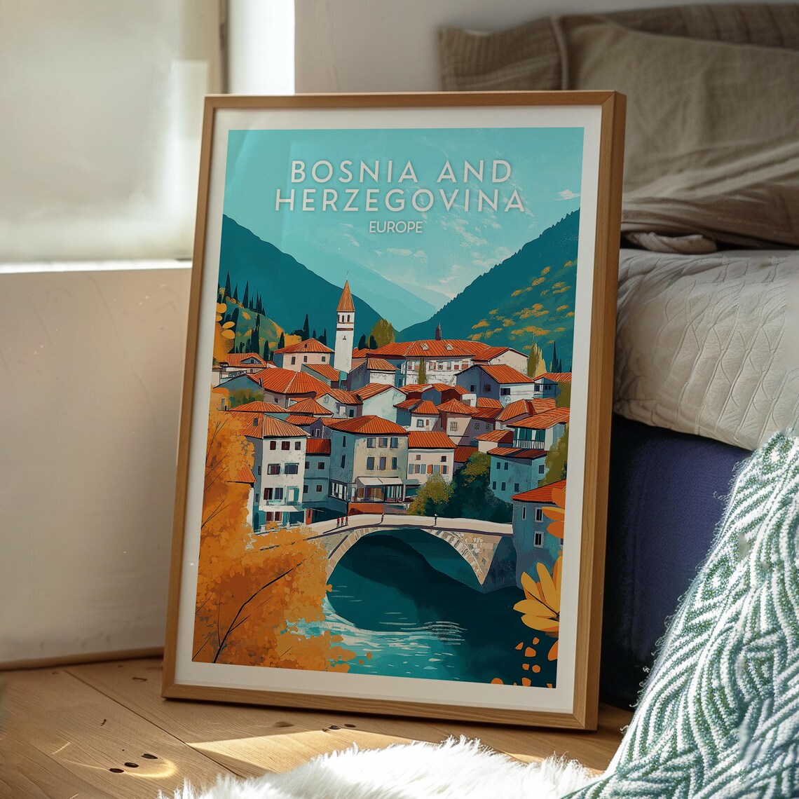Bosnia and Herzegovina Old Village Bridge Mountain Travel Poster - Image 3