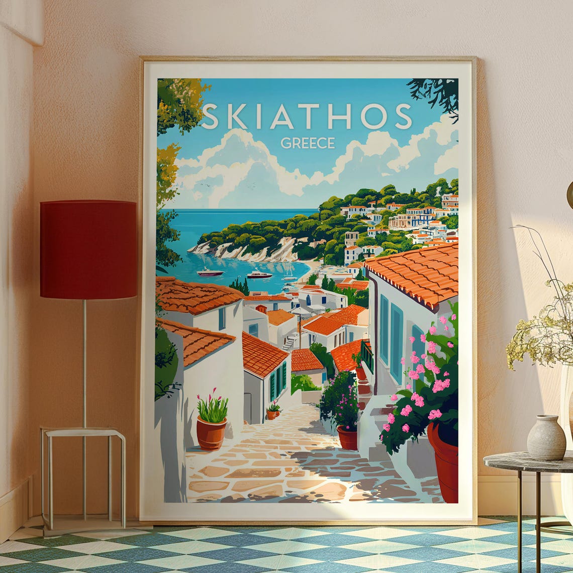 Skiathos Greece Whitewashed Town Red Roofs Aegean Harbor Poster - Image 2