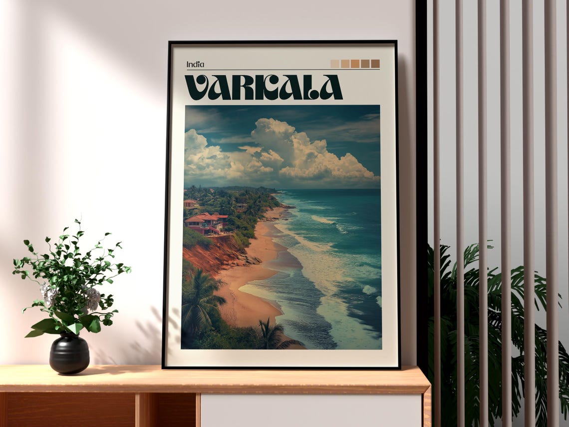 Varkala India Red Cliff Beach Palm Trees Ocean Waves Art Poster