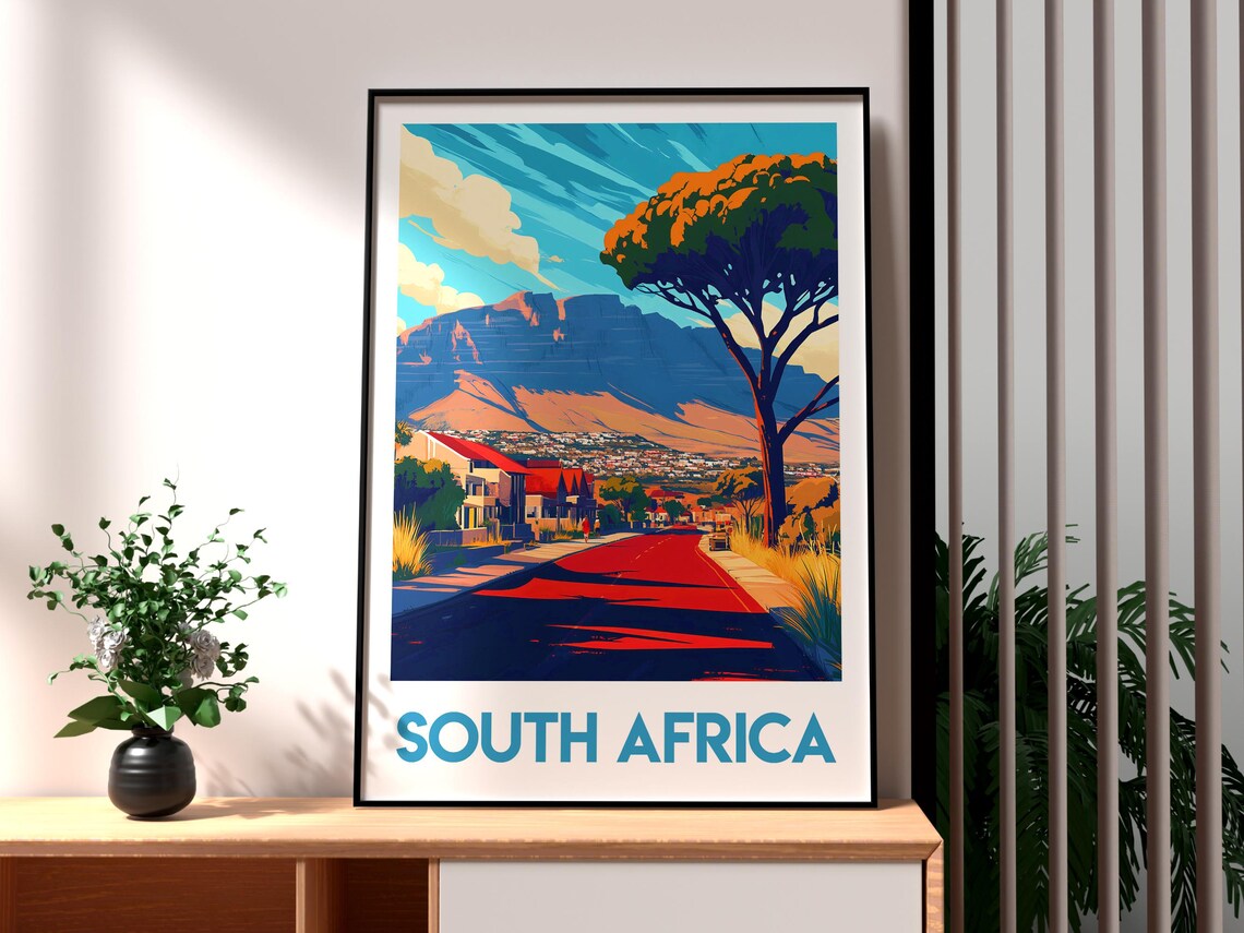 South Africa Table Mountain Scenic Red Road Retro Travel Poster
