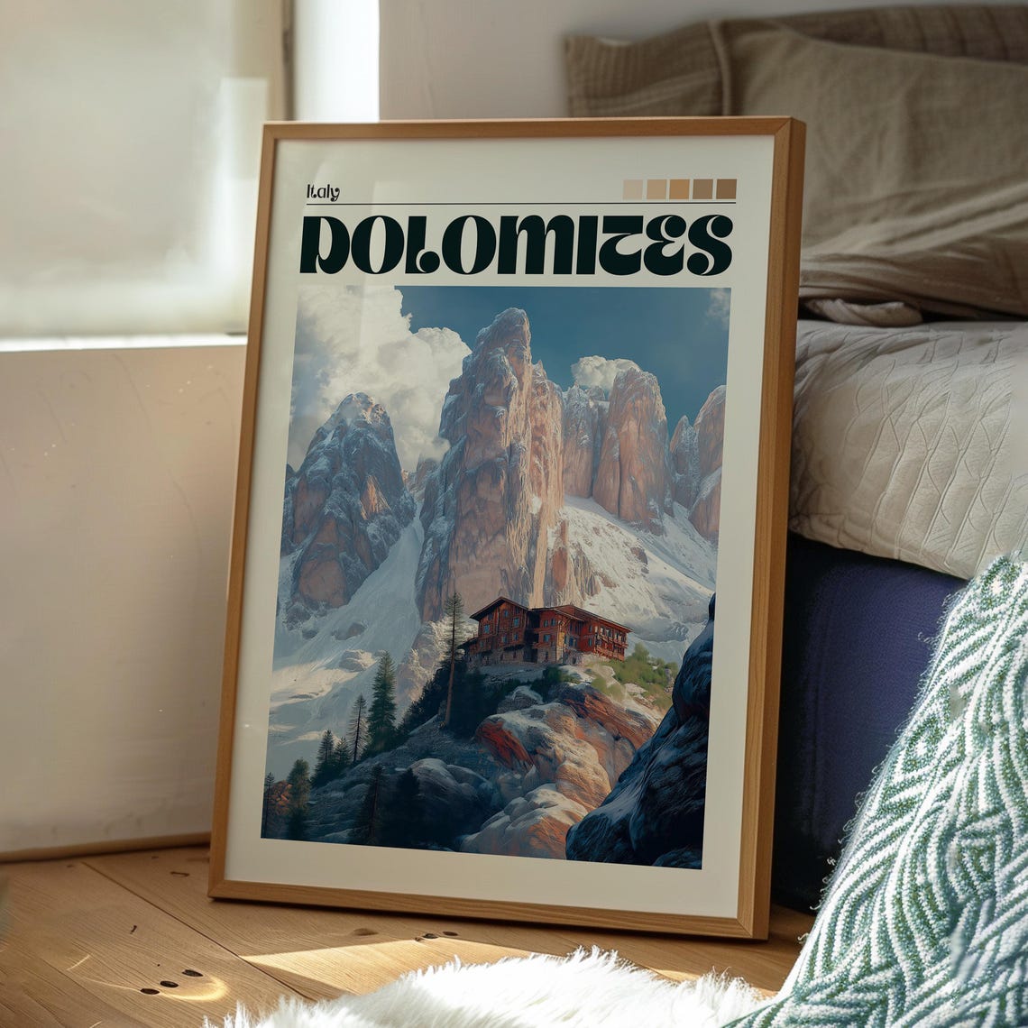 Dolomites Italy Alpine Peaks Snowy Mountain Lodge Travel Poster - Image 3