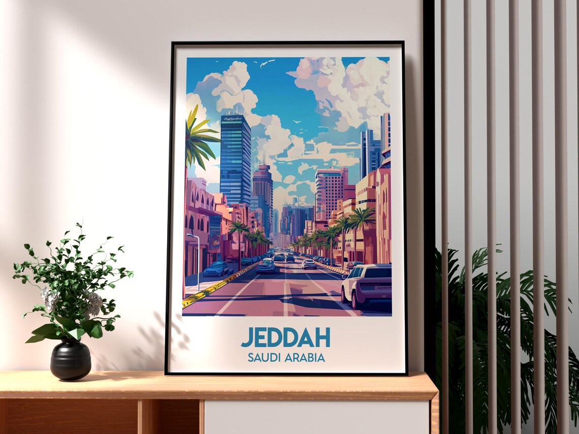Jeddah Saudi Arabia Modern Downtown Palm Lined City Street Poster